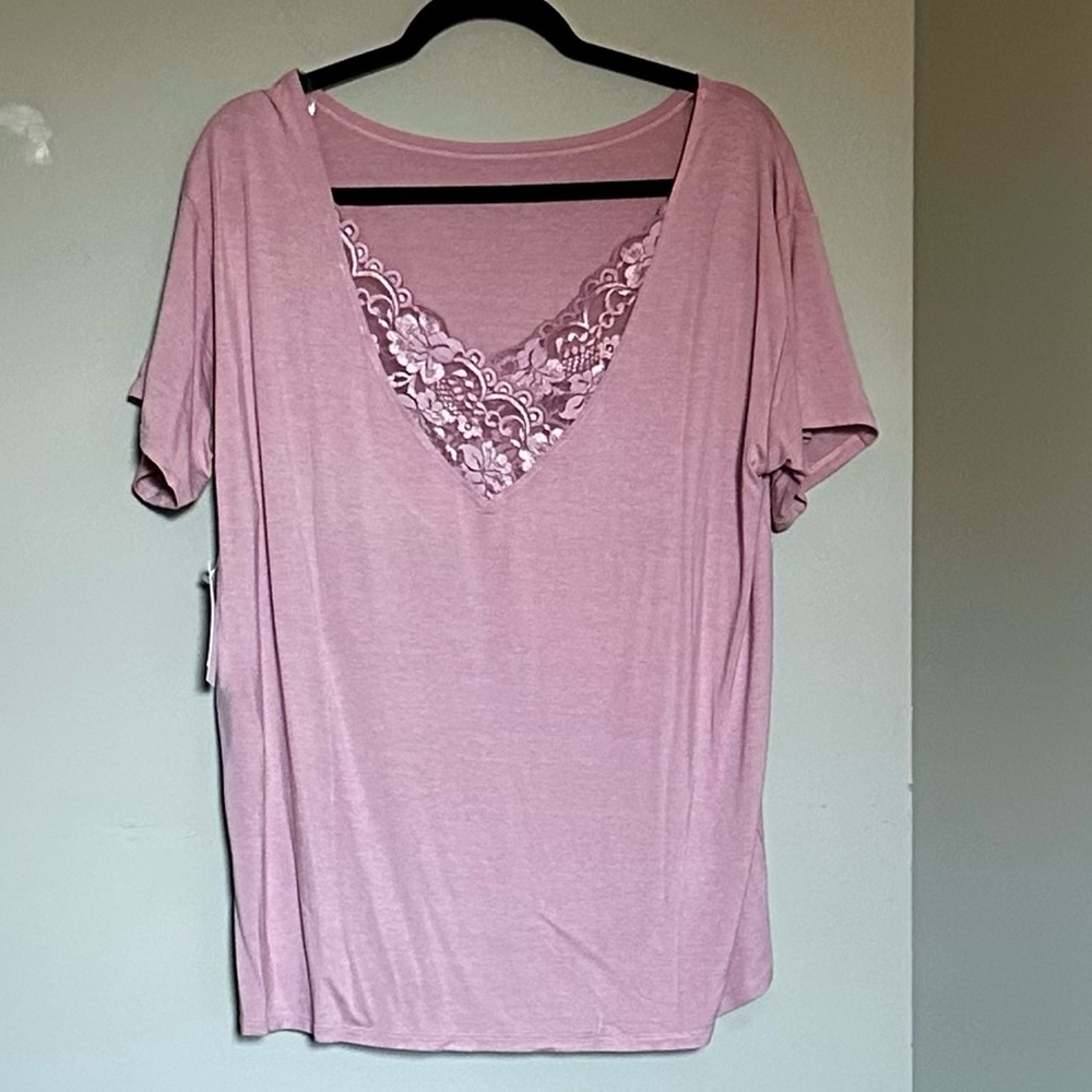 blue/Grey Dusty Rose Lace Embellished V Neck Short Sleeve Top Women’s Size 1X